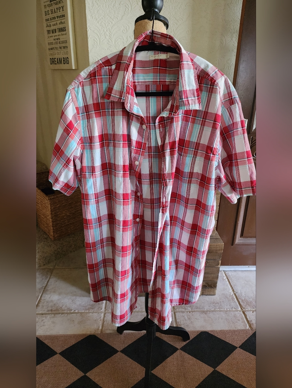 Sonoma Red and White Plaid Short-Sleeve Button-Down Shirt